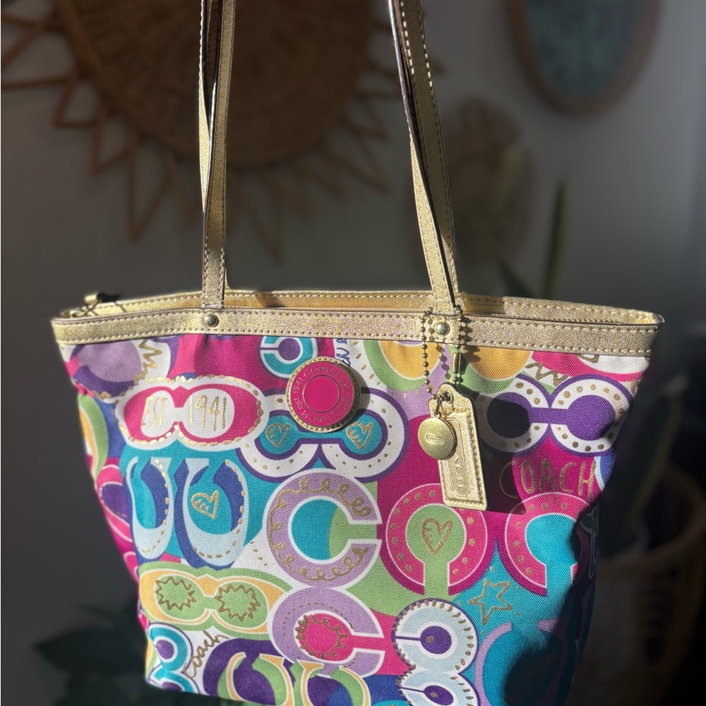 Coach Poppy Multicolor Graphic Tote with Gold Accents